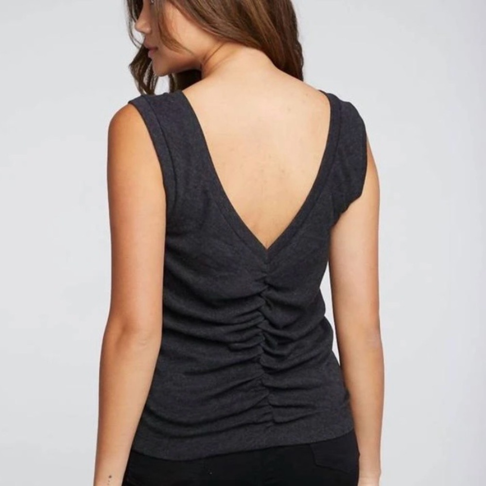 Chaser Triblend Rib Shirred Back V Muscle Tank – Charcoal Gray XS Soft Casual